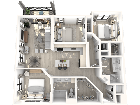 Floor plan for 3 beds, 2 baths, 1385 sqft